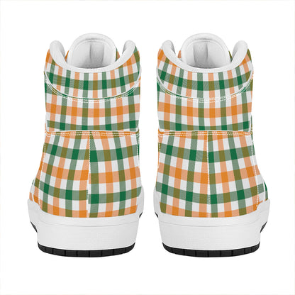 White Orange And Green Plaid Print High Top Leather Sneakers