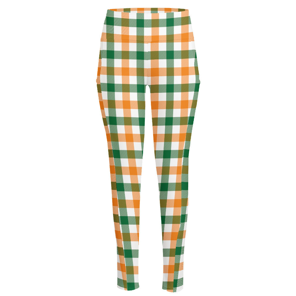 White Orange And Green Plaid Print High-Waisted Pocket Leggings