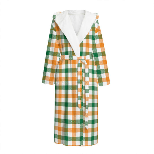 White Orange And Green Plaid Print Hooded Bathrobe