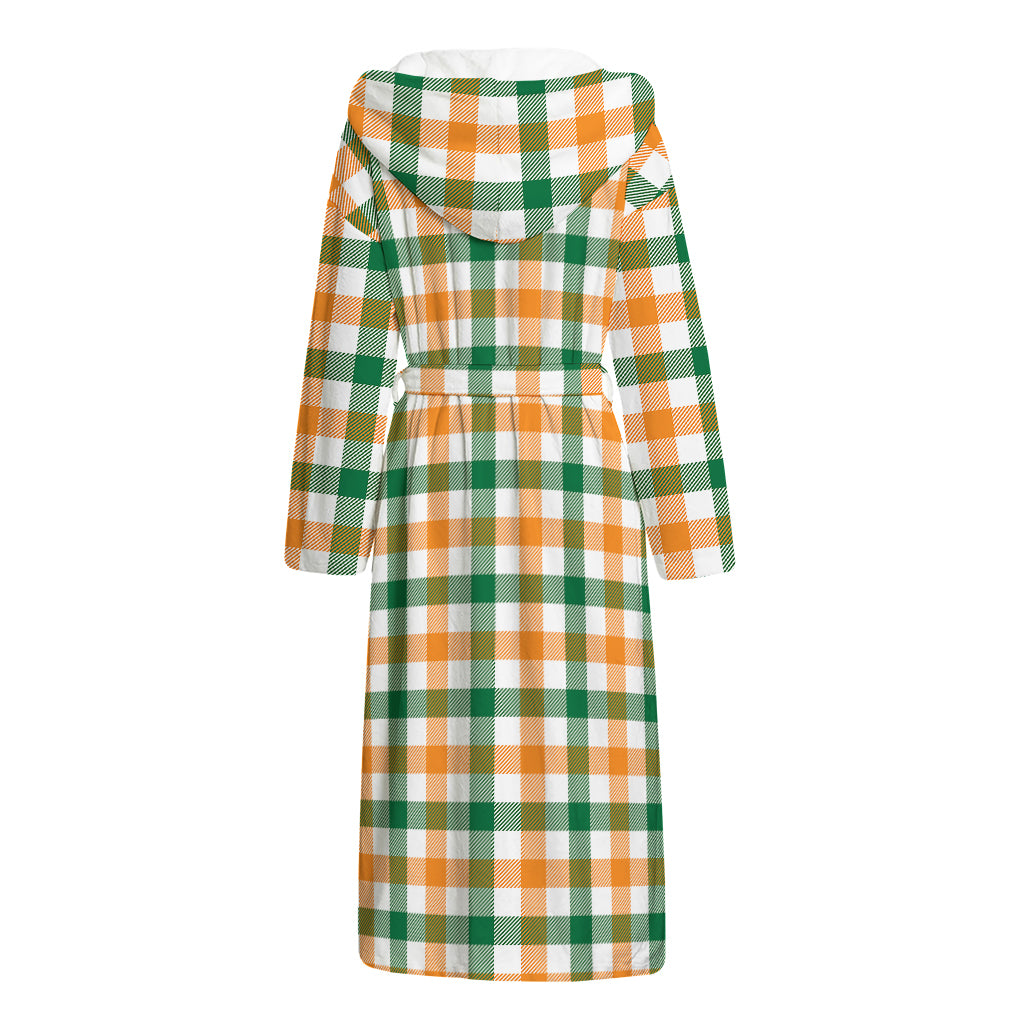 White Orange And Green Plaid Print Hooded Bathrobe