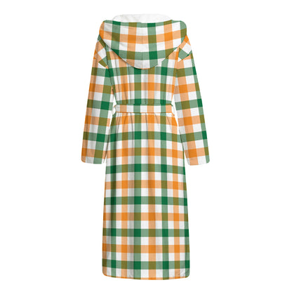 White Orange And Green Plaid Print Hooded Bathrobe