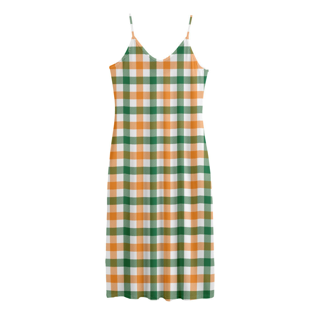 White Orange And Green Plaid Print Jersey Midi Cami Dress