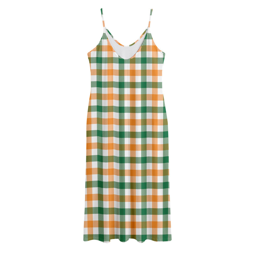 White Orange And Green Plaid Print Jersey Midi Cami Dress
