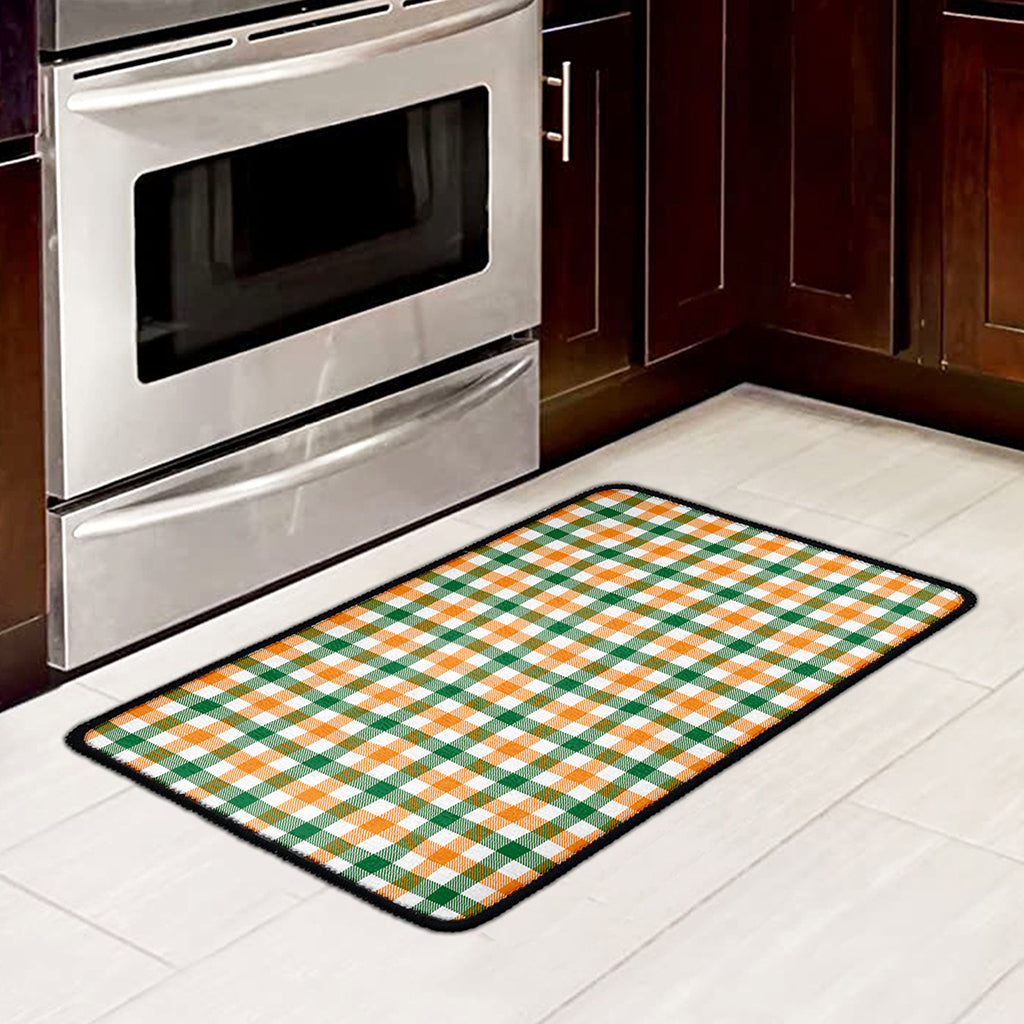 White Orange And Green Plaid Print Kitchen Mat