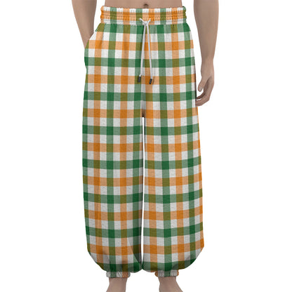 White Orange And Green Plaid Print Lantern Pants