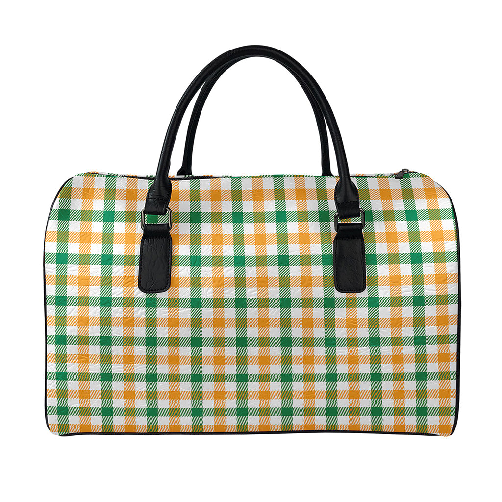White Orange And Green Plaid Print Leather Duffle Bag
