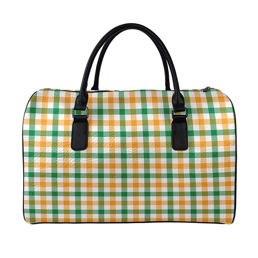White Orange And Green Plaid Print Leather Duffle Bag