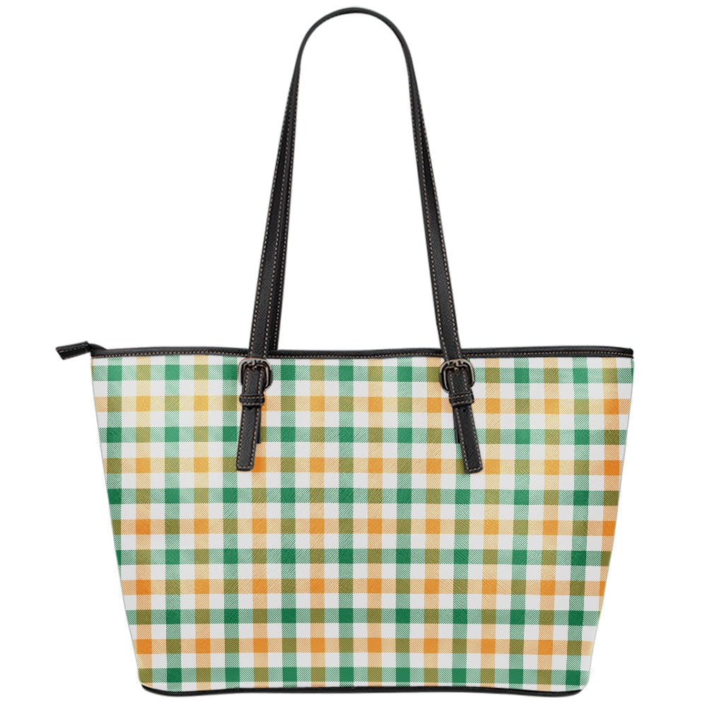 White Orange And Green Plaid Print Leather Tote Bag