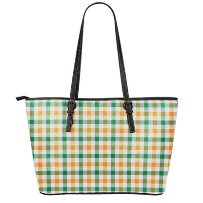 White Orange And Green Plaid Print Leather Tote Bag