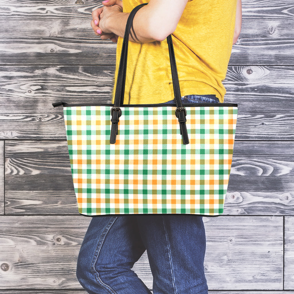 White Orange And Green Plaid Print Leather Tote Bag
