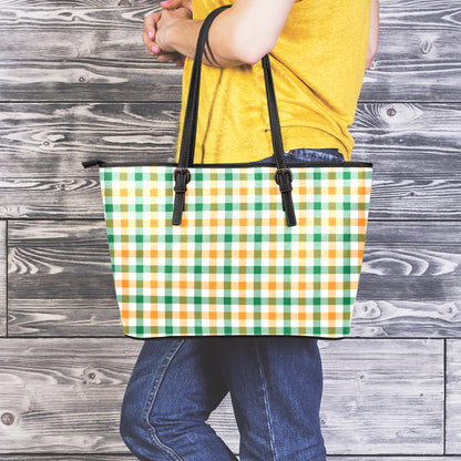 White Orange And Green Plaid Print Leather Tote Bag
