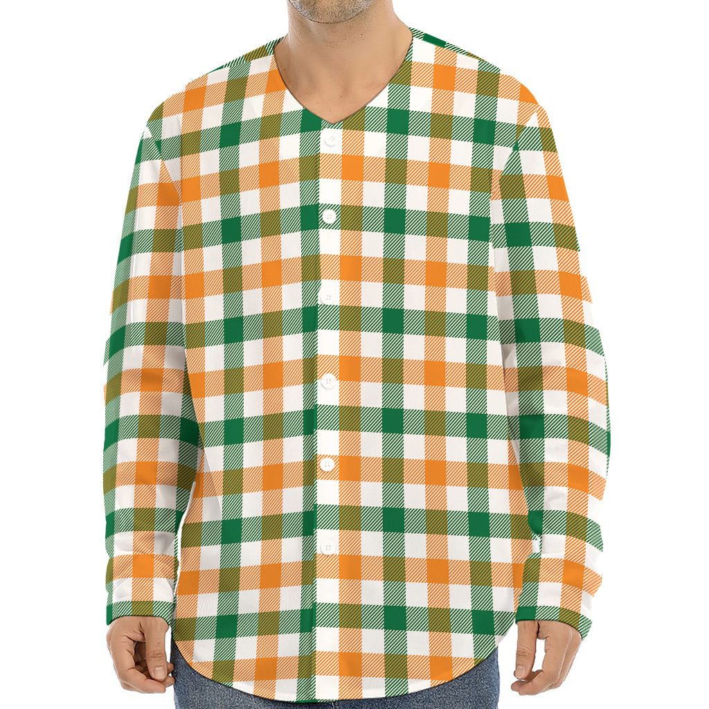 White Orange And Green Plaid Print Long Sleeve Baseball Jersey