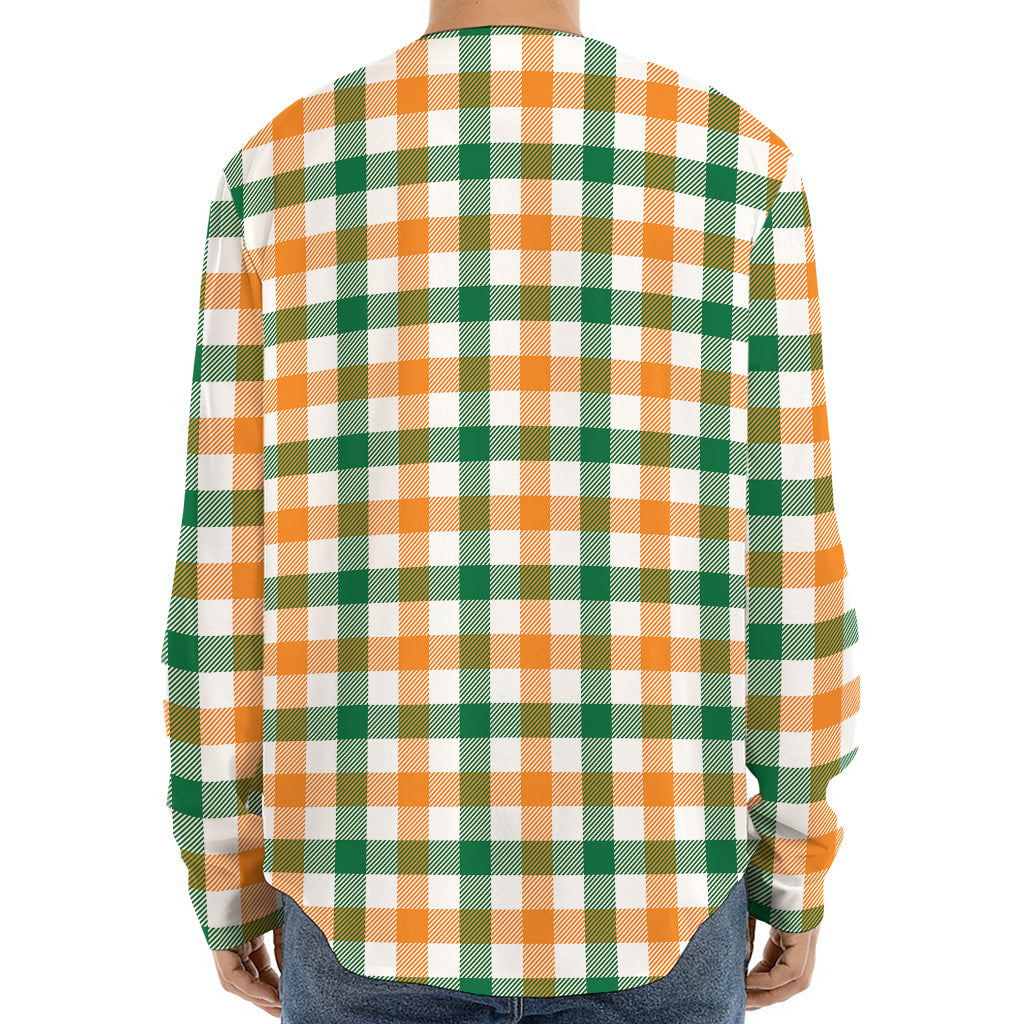 White Orange And Green Plaid Print Long Sleeve Baseball Jersey