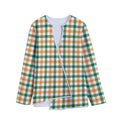 White Orange And Green Plaid Print Long Sleeve Short Coat
