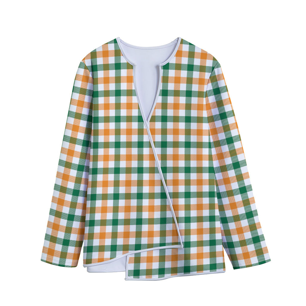 White Orange And Green Plaid Print Long Sleeve Short Coat