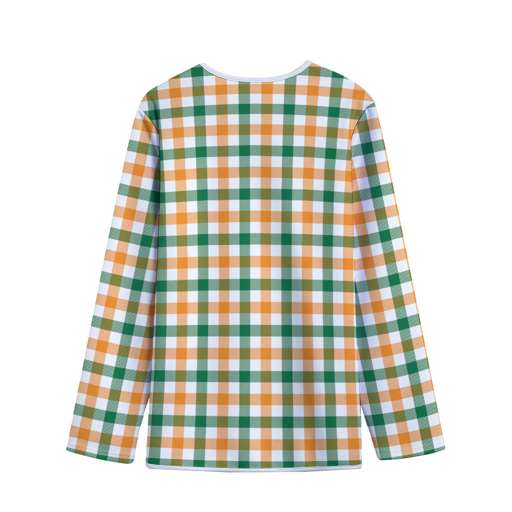 White Orange And Green Plaid Print Long Sleeve Short Coat
