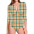 White Orange And Green Plaid Print Long Sleeve Swimsuit