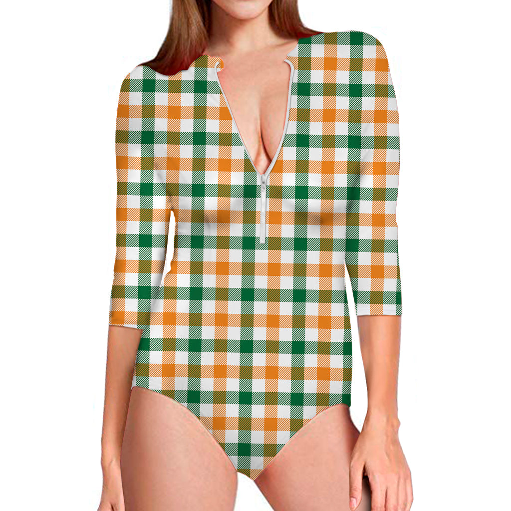 White Orange And Green Plaid Print Long Sleeve Swimsuit