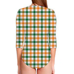 White Orange And Green Plaid Print Long Sleeve Swimsuit