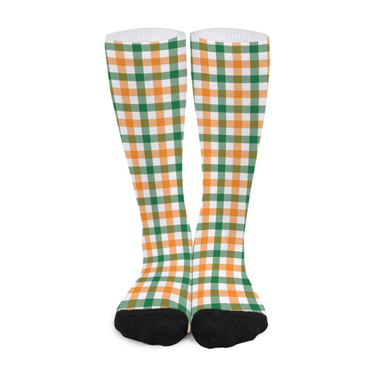 White Orange And Green Plaid Print Long Socks