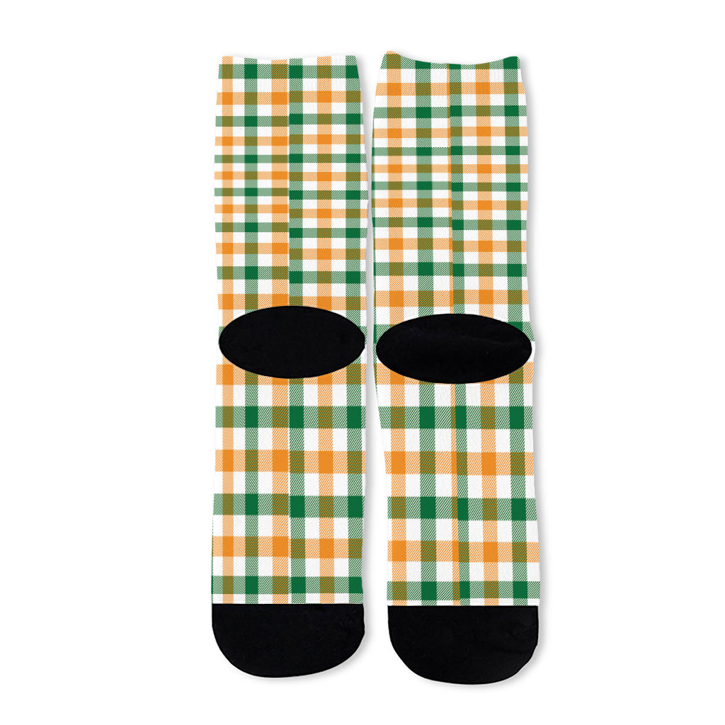 White Orange And Green Plaid Print Long Socks