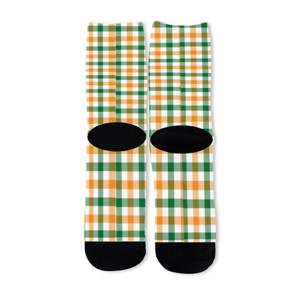 White Orange And Green Plaid Print Long Socks