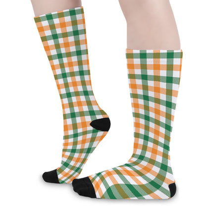 White Orange And Green Plaid Print Long Socks