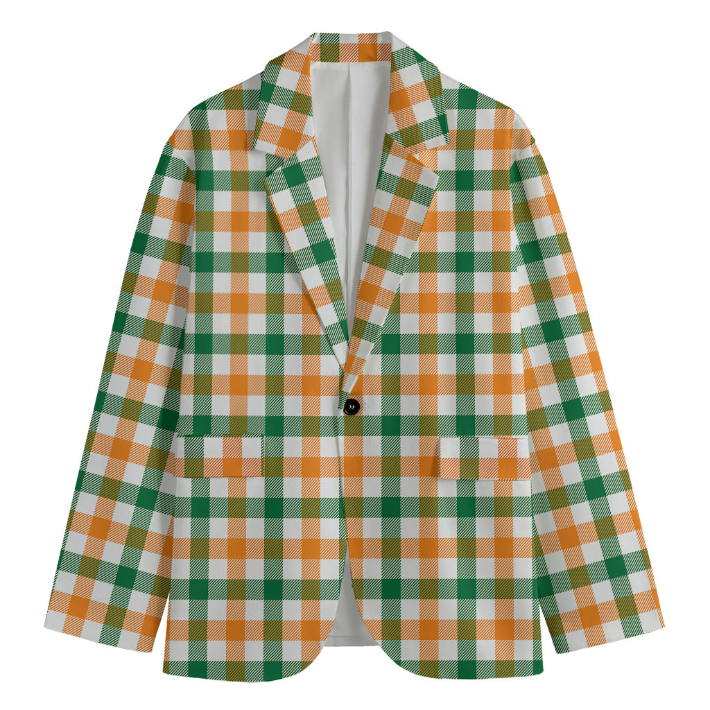 White Orange And Green Plaid Print Men's Cotton Blazer