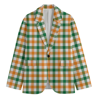 White Orange And Green Plaid Print Men's Cotton Blazer