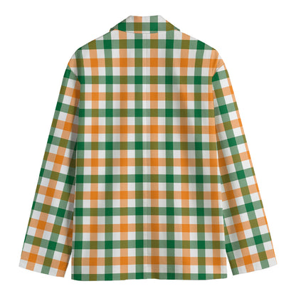 White Orange And Green Plaid Print Men's Cotton Blazer