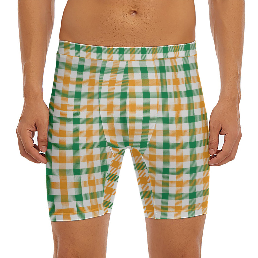 White Orange And Green Plaid Print Men's Long Boxer Briefs