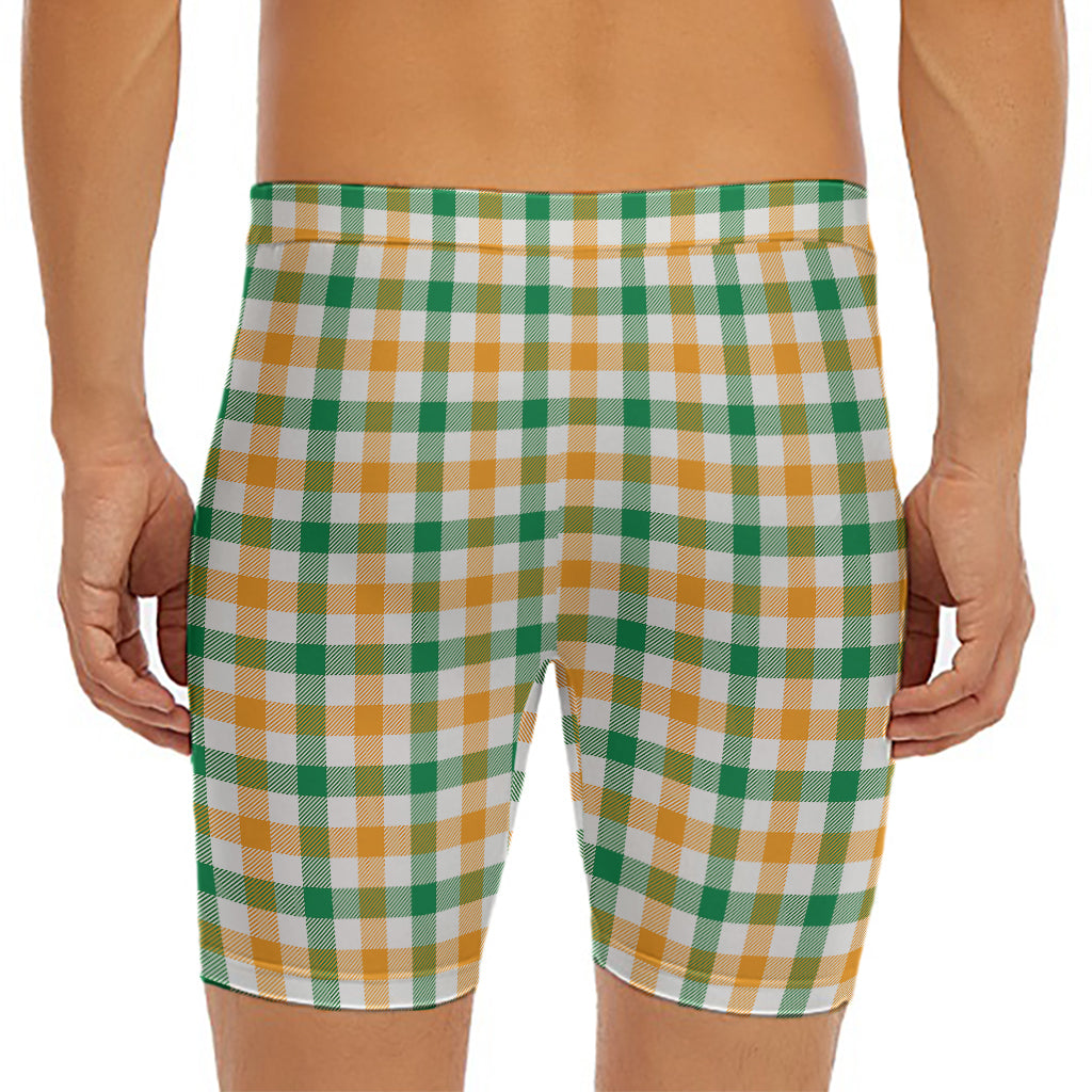 White Orange And Green Plaid Print Men's Long Boxer Briefs