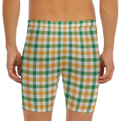 White Orange And Green Plaid Print Men's Long Boxer Briefs