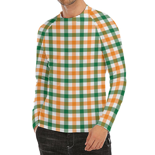 White Orange And Green Plaid Print Men's Long Sleeve Rash Guard