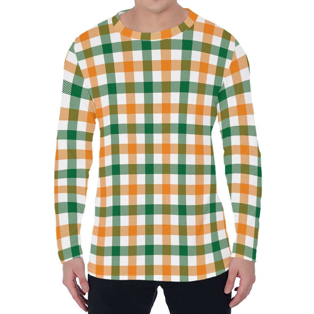 White Orange And Green Plaid Print Men's Long Sleeve T-Shirt