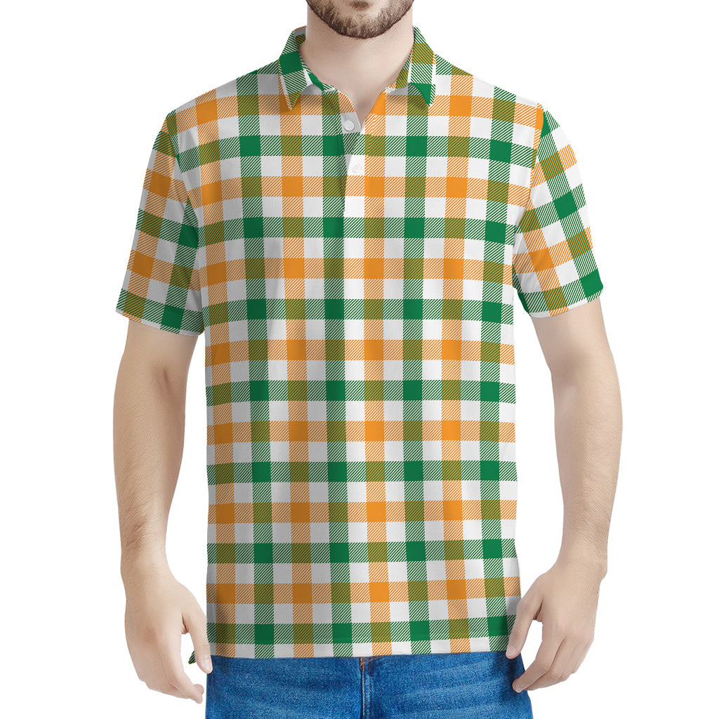 White Orange And Green Plaid Print Men's Polo Shirt