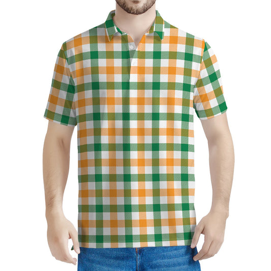 White Orange And Green Plaid Print Men's Polo Shirt