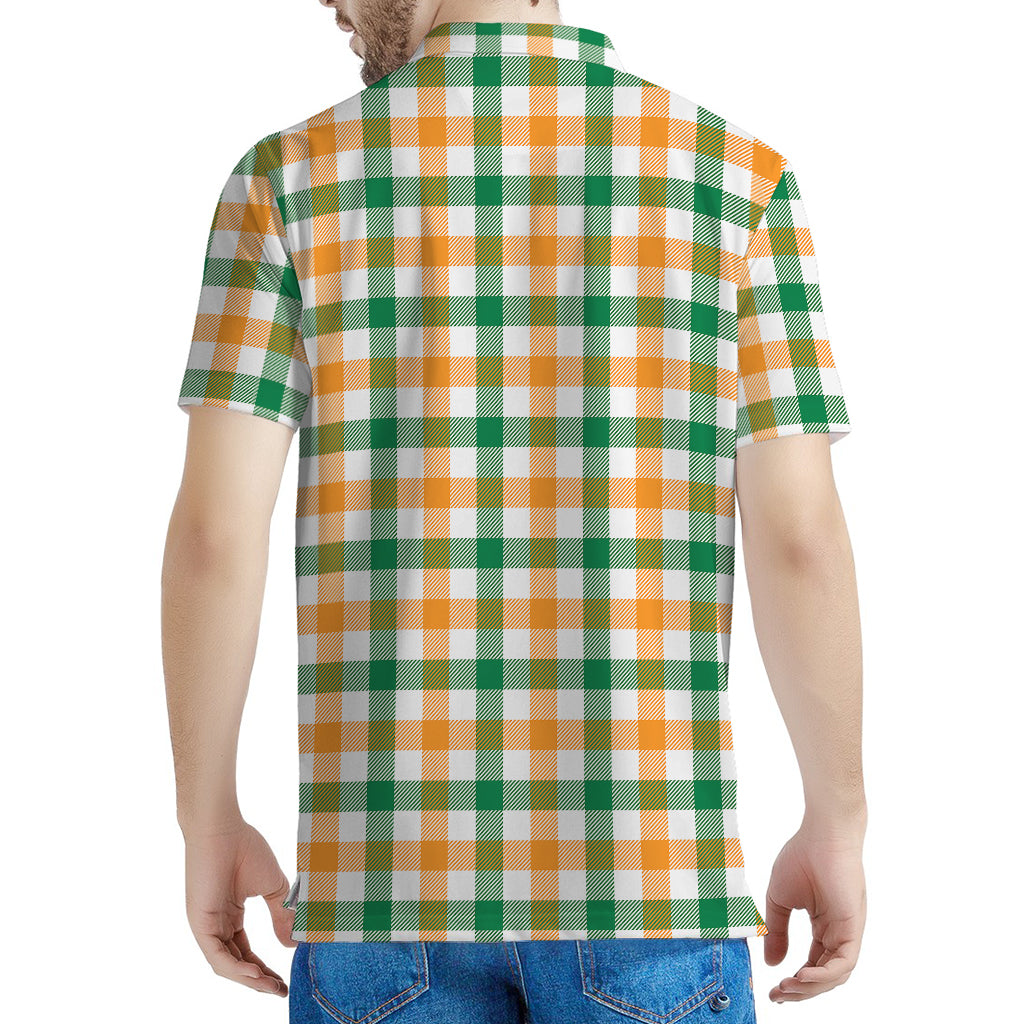 White Orange And Green Plaid Print Men's Polo Shirt