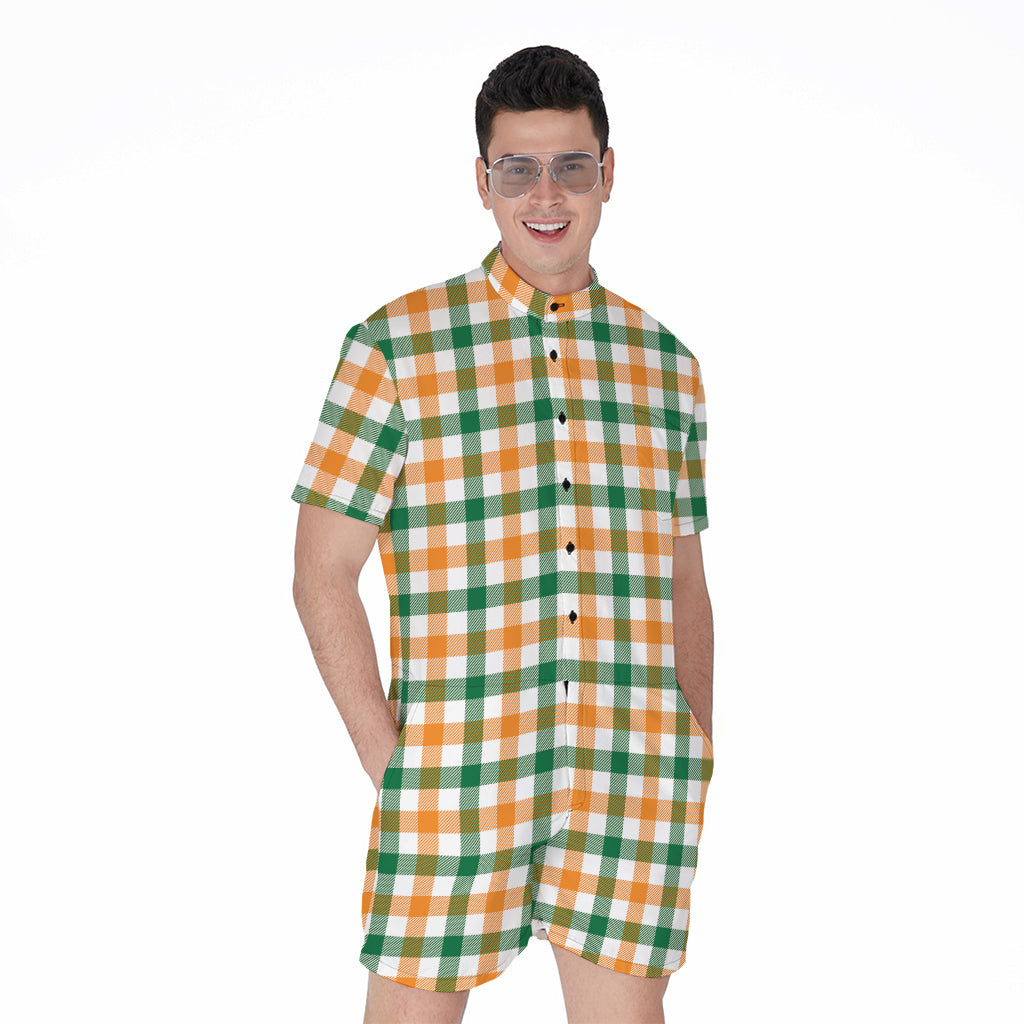 White Orange And Green Plaid Print Men's Rompers