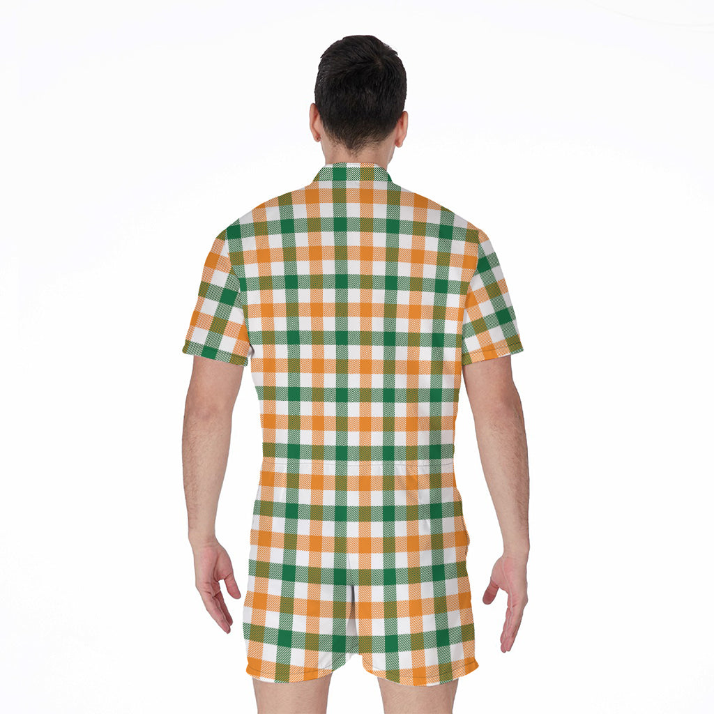White Orange And Green Plaid Print Men's Rompers