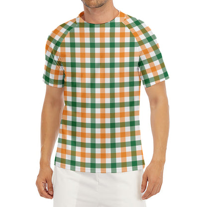 White Orange And Green Plaid Print Men's Short Sleeve Rash Guard