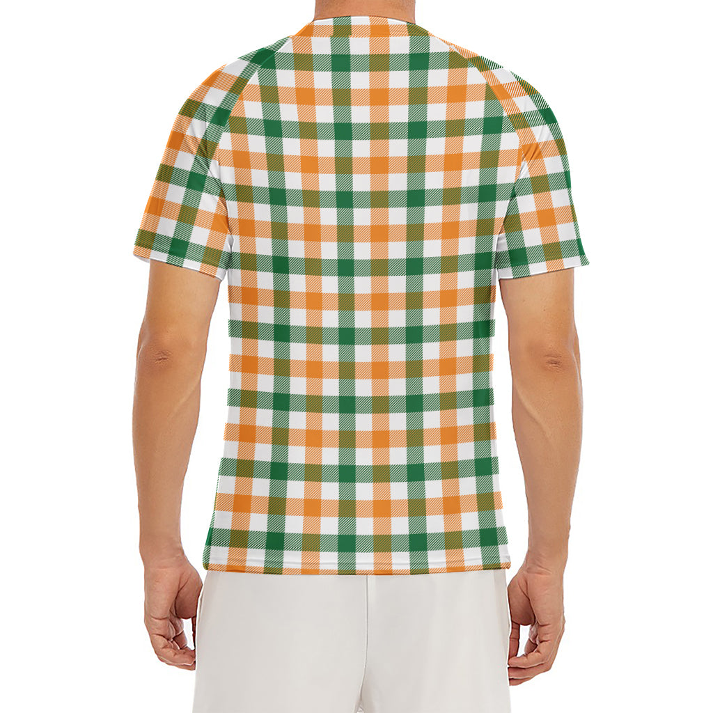 White Orange And Green Plaid Print Men's Short Sleeve Rash Guard