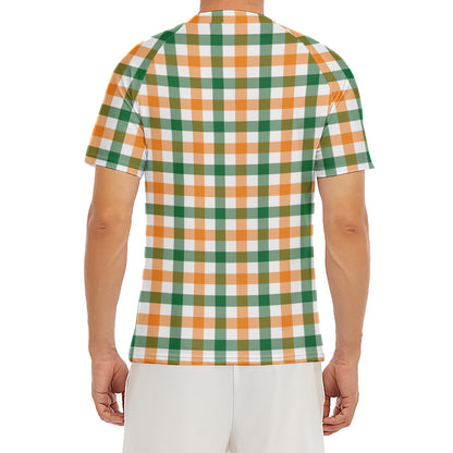 White Orange And Green Plaid Print Men's Short Sleeve Rash Guard