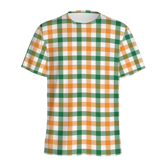 White Orange And Green Plaid Print Men's Sports T-Shirt