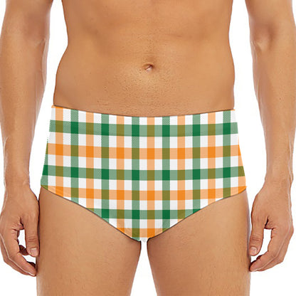 White Orange And Green Plaid Print Men's Triangle Swim Briefs