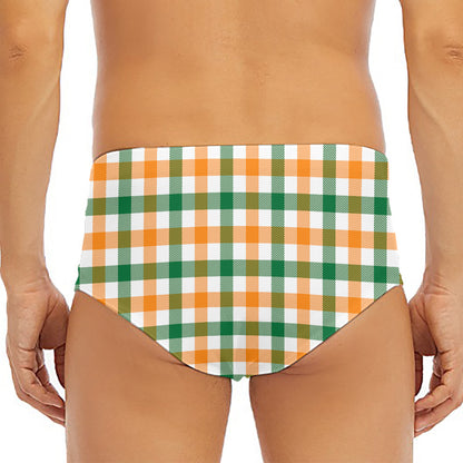 White Orange And Green Plaid Print Men's Triangle Swim Briefs