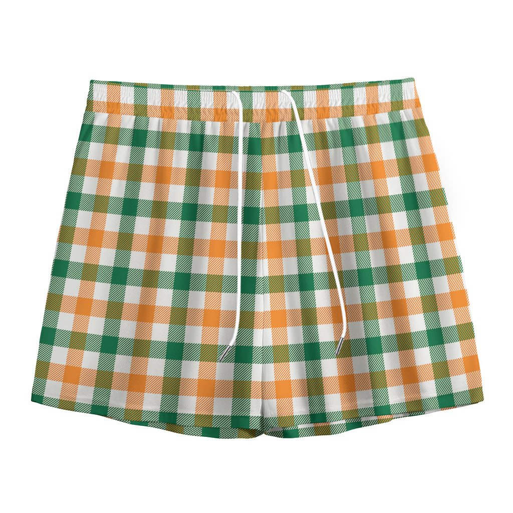 White Orange And Green Plaid Print Mesh Shorts