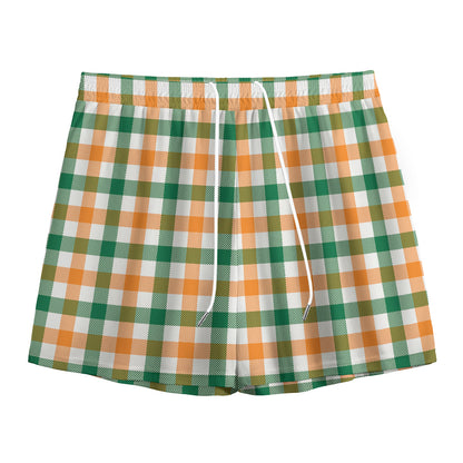 White Orange And Green Plaid Print Mesh Shorts