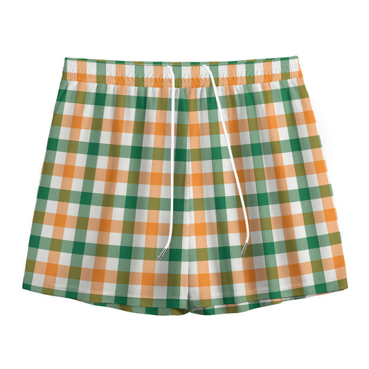 White Orange And Green Plaid Print Mesh Shorts