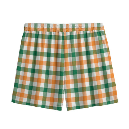 White Orange And Green Plaid Print Mesh Shorts